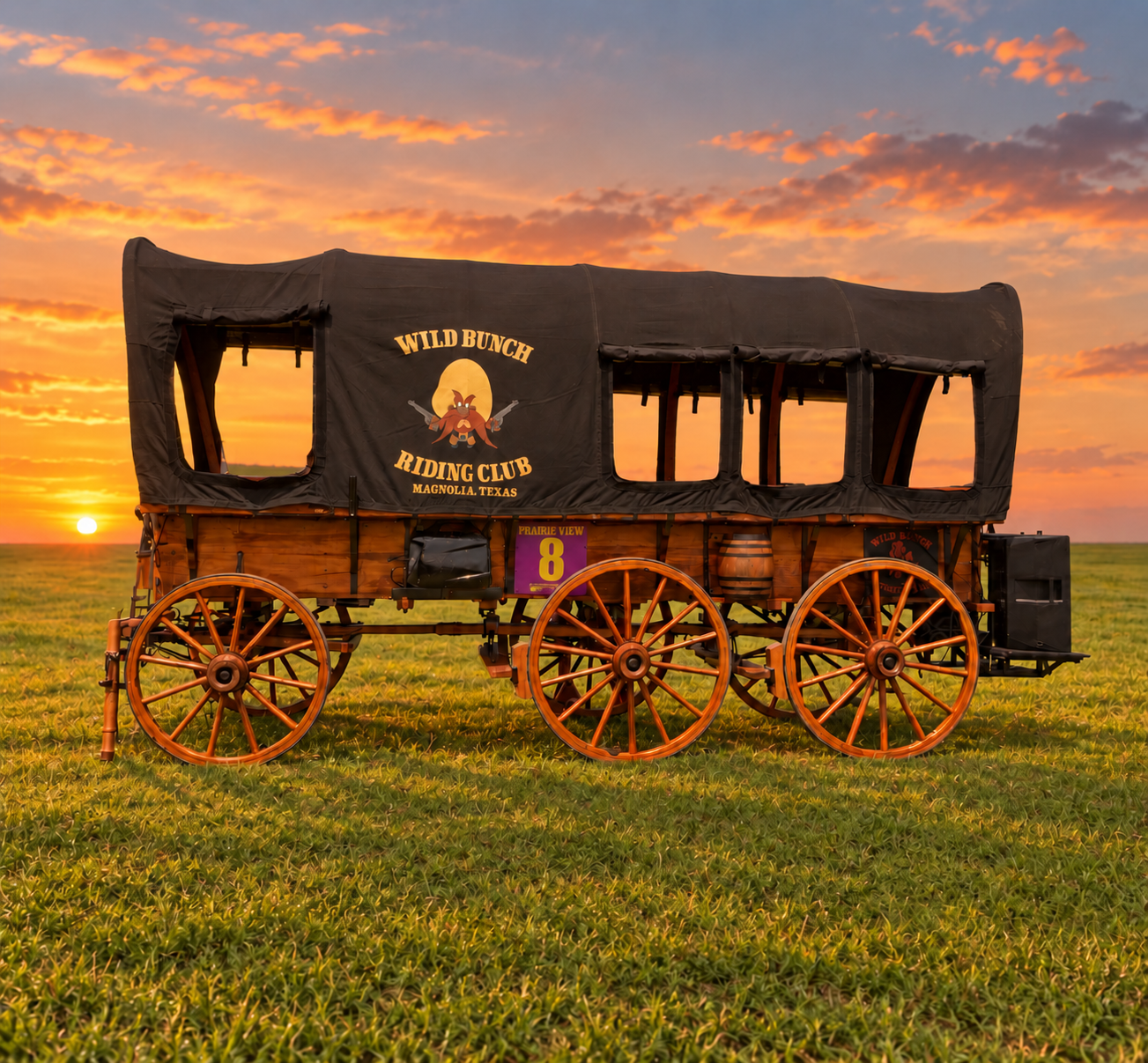 Wild Bunch Riding Club covered wagon at sunset