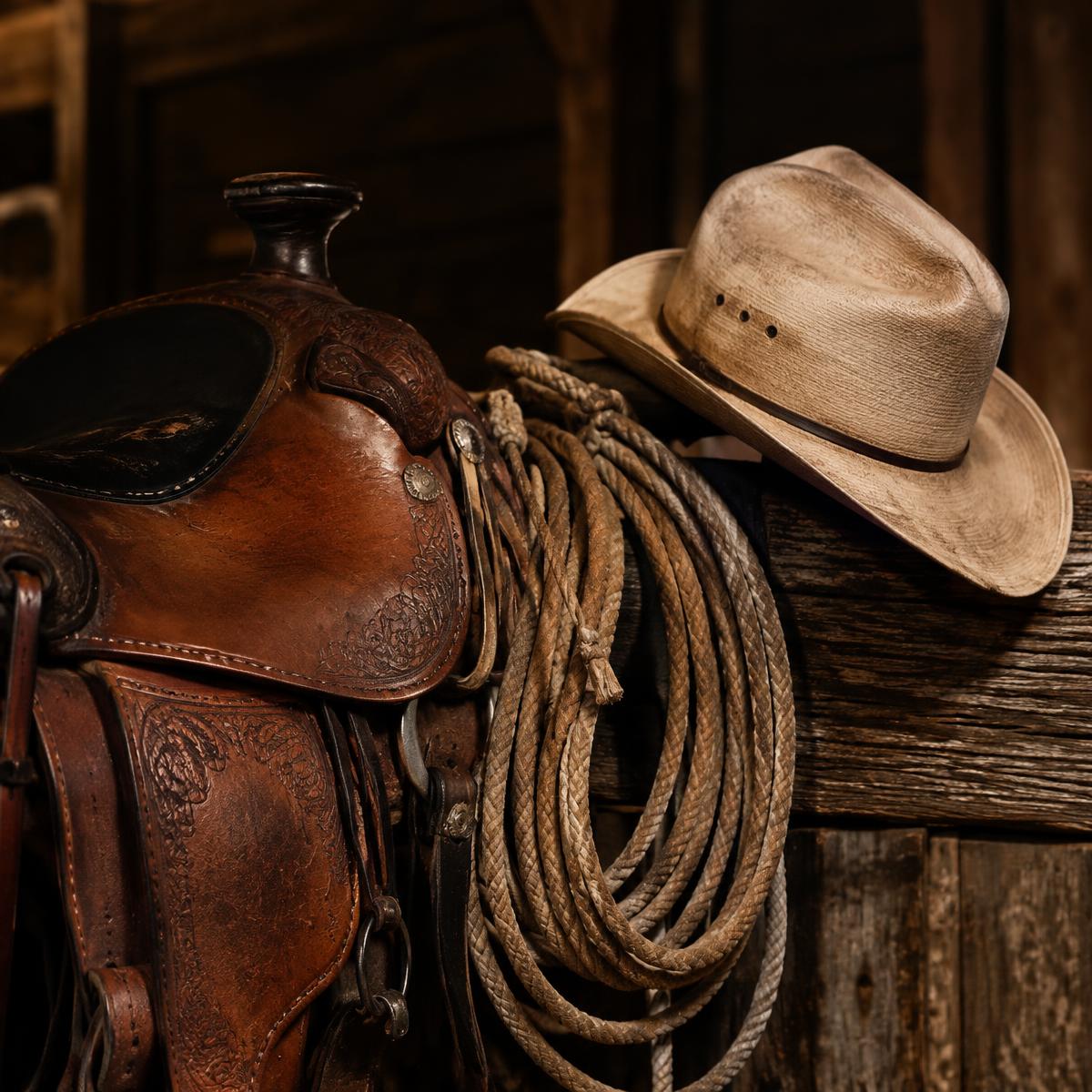 Leather saddle, rope and cowboy hat